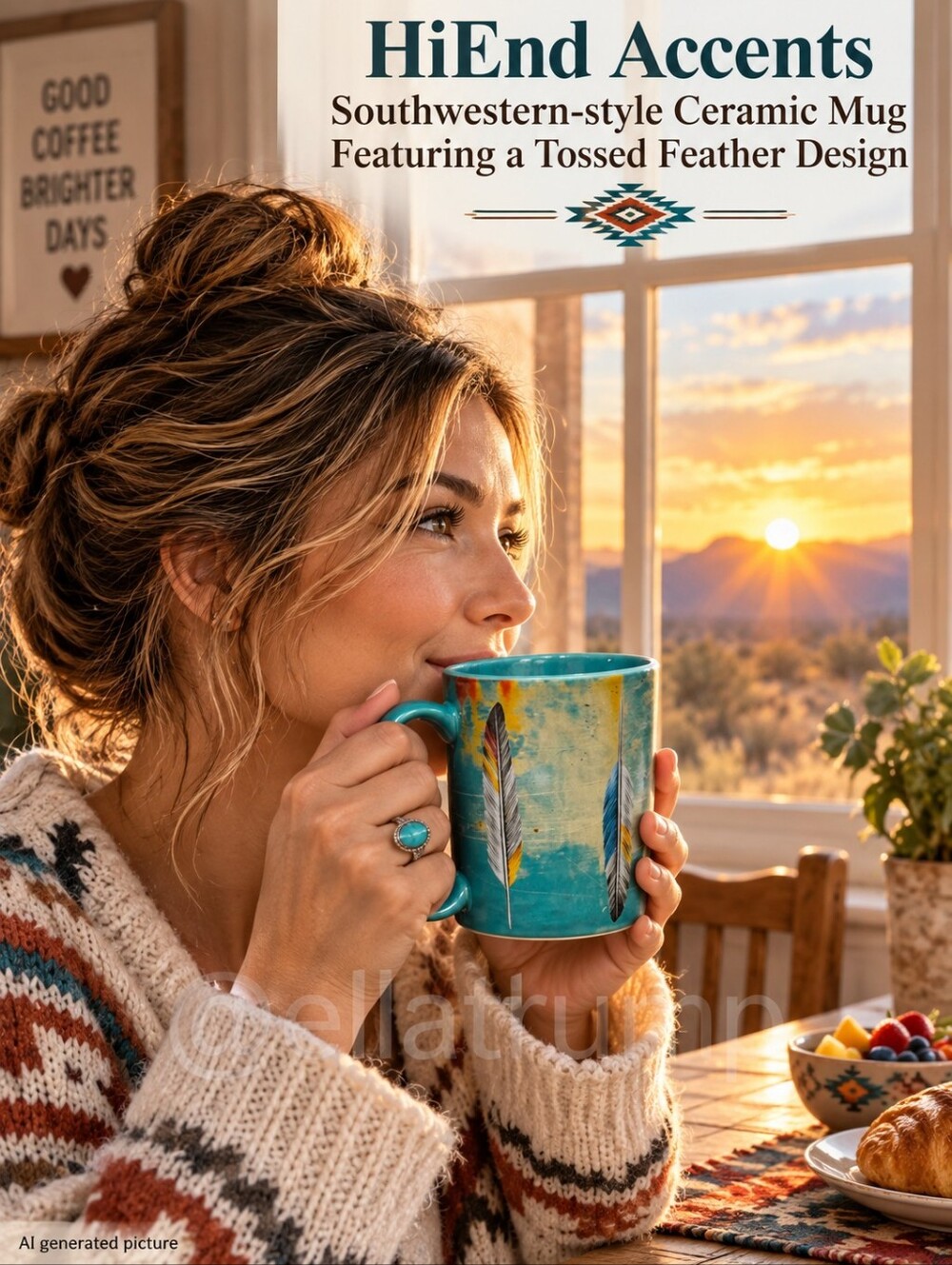 HiEnd Accents Southwestern-style Ceramic Mug Featuring a Tossed Feather Design